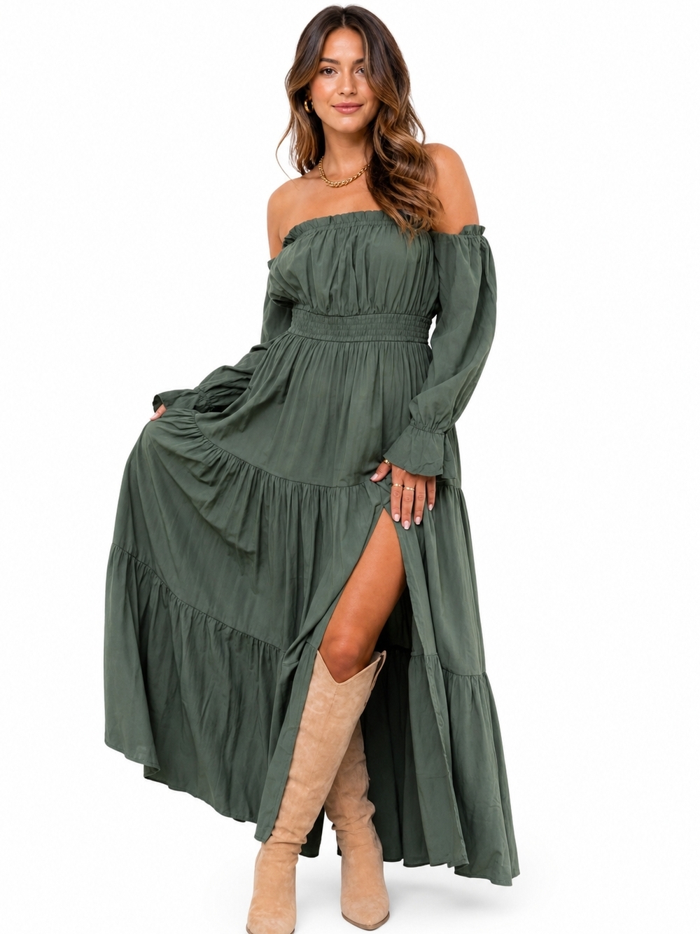 Smocked Off-Shoulder Olive Maxi Dress with Side Slit